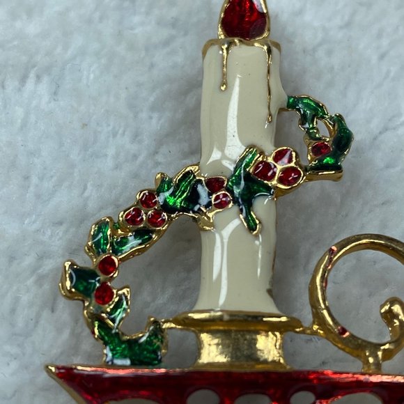 Candle Holder Holly Garland Christmas Pin Brooch Holiday Wear - Picture 4 of 10